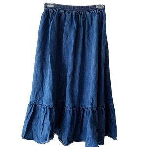 Vintage Western Ruffled Skirt Full Blue Denim Prairie Sz L Elastic waist